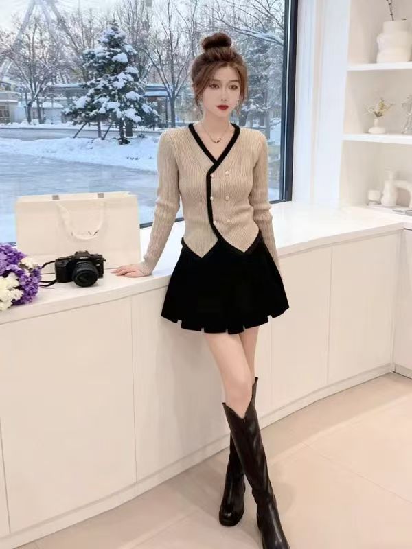 MY16124#不规则V领针织衫女开衫收腰修身打底复古小香风毛衣外套上衣女...