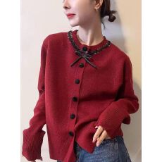 韩系显白新年红毛衣圆领设计感羊绒开衫2025冬季长袖百搭红色上衣