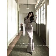 批发Wild Kiwi 收腰针织开衫翻折腰鱼尾裙套装<b class='q'>修身</b>显瘦高级气质两件套