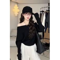批发2025网红纯色宽松一字肩<b class='q'>长袖</b>针织衫女秋款外穿休闲<b class='q'>蝙蝠衫</b>上衣打底