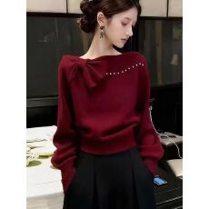批发甜美法式红色<b class='q'>针织衫</b>蝴蝶结长袖套头毛衣2025冬季新年红上衣百搭女