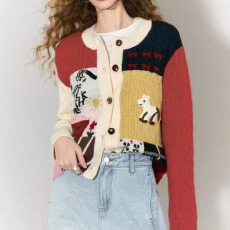 批发毛衣外套秋季新品童趣撞色拼块毛织绞花圆领长袖短针织开衫女