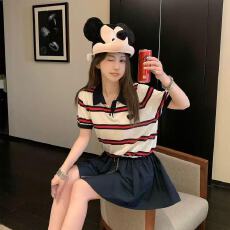 批发2026韩版翻领条纹针织短袖T恤女2025年<b class='q'>夏</b>季撞色休闲polo衫上衣
