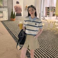 批发MLS miu系美学 翻领条纹针织短袖T恤女<b class='q'>夏</b>季撞色休闲polo衫上衣