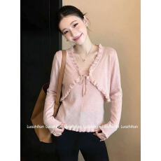 批发木耳边蝴蝶结假两件长袖T恤女2026春季新款打底衫设计感上衣