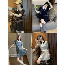 批发学院风撞色条纹POLO领针织衫<b class='q'>秋</b>短袖T恤上衣百褶半身裙两件套装女