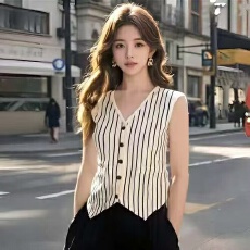 批发韩风设计感<b class='q'>条纹</b>单排扣无袖针织背心女春夏薄款修身显瘦外穿小上衣