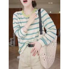 批发撞色条纹天丝面膜T恤女<b class='q'>欧洲站</b>2026春装<b class='q'>新款</b>欧货女装防晒打底衫潮