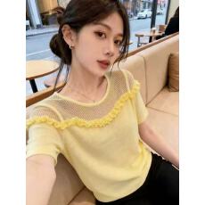 批发夏季巨好看木耳边冰丝针织短袖t恤女设计感纯欲辣妹镂空绝美上衣