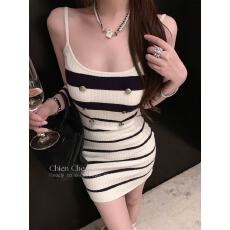 批发车迟恩Chien 性感紧身内搭针织包臀裙<b class='q'>春秋</b>小香风条纹吊带<b class='q'>连衣裙</b>