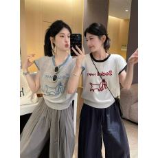 批发韩系chic别致针织冰丝短袖T恤女夏季超好看独特漂亮撞色短款上衣