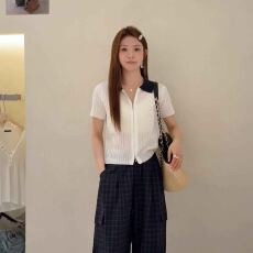 批发蔓延撞色翻领短袖针织开衫女2026夏季新款设计感双拉链显瘦上衣潮