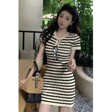 批发韩系<b class='q'>条纹</b>半开领针织短袖连衣裙女夏季小个子修身包臀a字短裙裙子