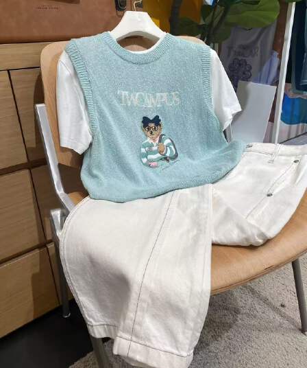 주 주 추 같은 단락 여성 의류 한 부서 연령 감소 학원 스타일 슈퍼 귀여운 맨위 여름 작은 곰 자수 페이크 레이어드 티셔츠