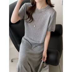 批发老钱风简约圆领短袖针织衫女毛边设计气质减龄上衣钩花半裙二件套