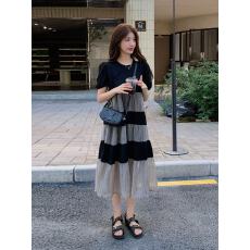 批发法式拼色连衣裙女中<b class='q'>长款</b>2026夏新款宽松遮肉设计感休闲过膝a字裙