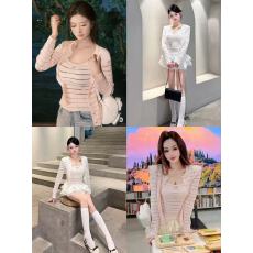 批发新款春夏时尚字母钻饰条纹<b class='q'>针织</b>吊带开衫两件套女百搭气质外穿上衣