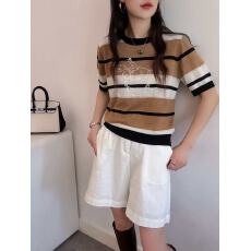 批发策马奔腾图刺绣撞色条纹短袖针织衫t恤女26夏季薄款天丝亚麻上衣