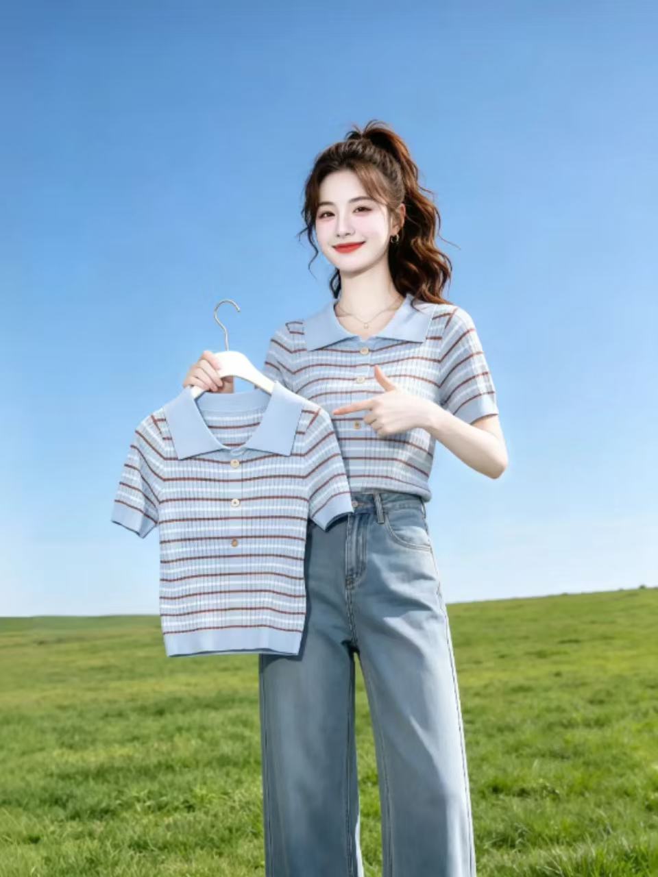 POLO 칼라 스트라이프 아름다운 맨위 여성 의류 외국 가스 패션 디자인 센스 연령 감소 니트 반팔 티셔츠 여름 새로운