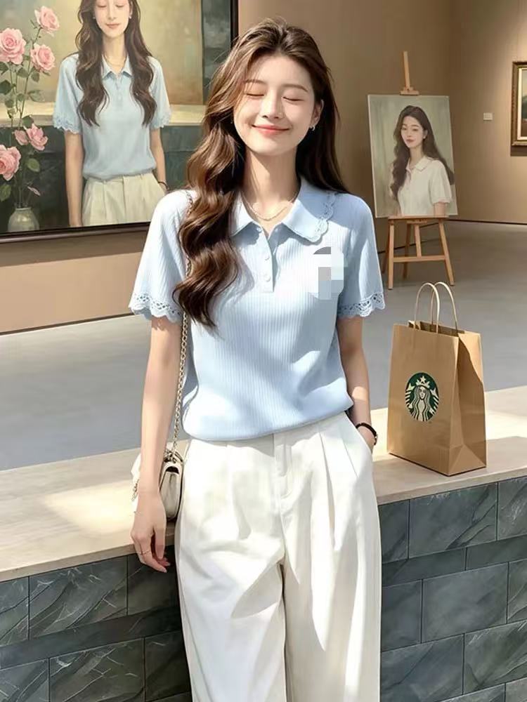 한 부서 레이스 조각 반팔 POLO 칼라 니트 스웨터 여성 2026 여름 새로운 부드러운 연령 감소 티셔츠 맨위