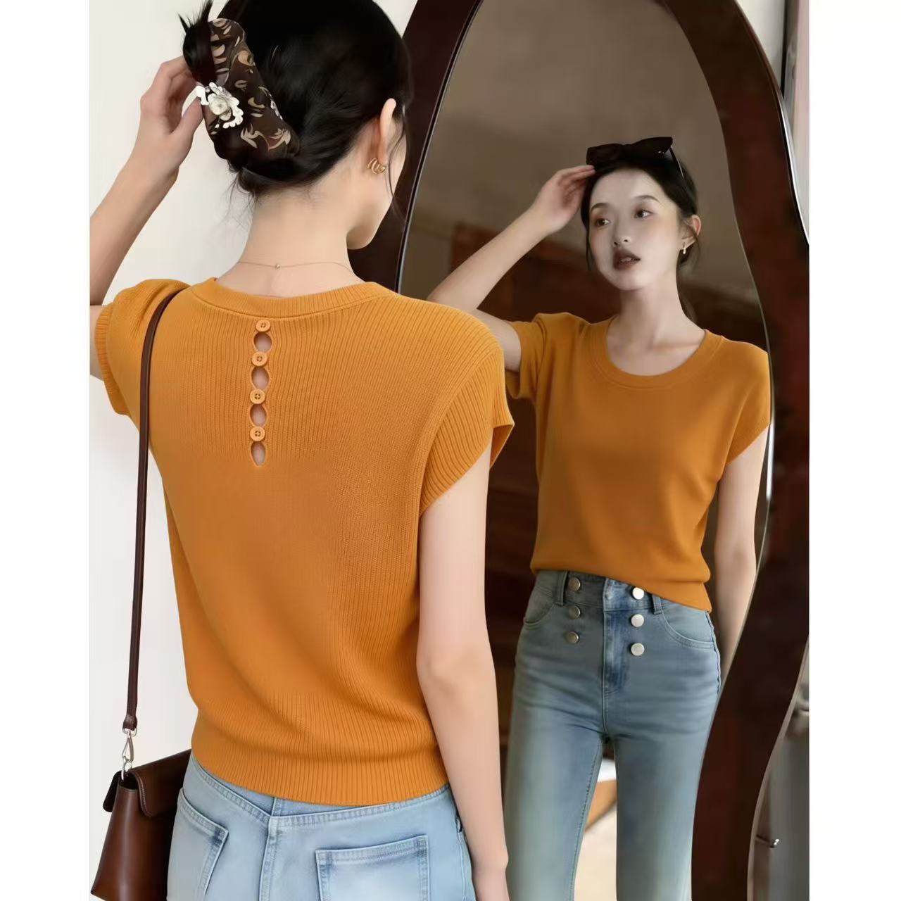 여름 고유 한 chic 작은 키 루즈핏 얼음 실크 니트 얇은 맨위 디자인 센스 주황색 Feifei 반팔 티셔츠 여성