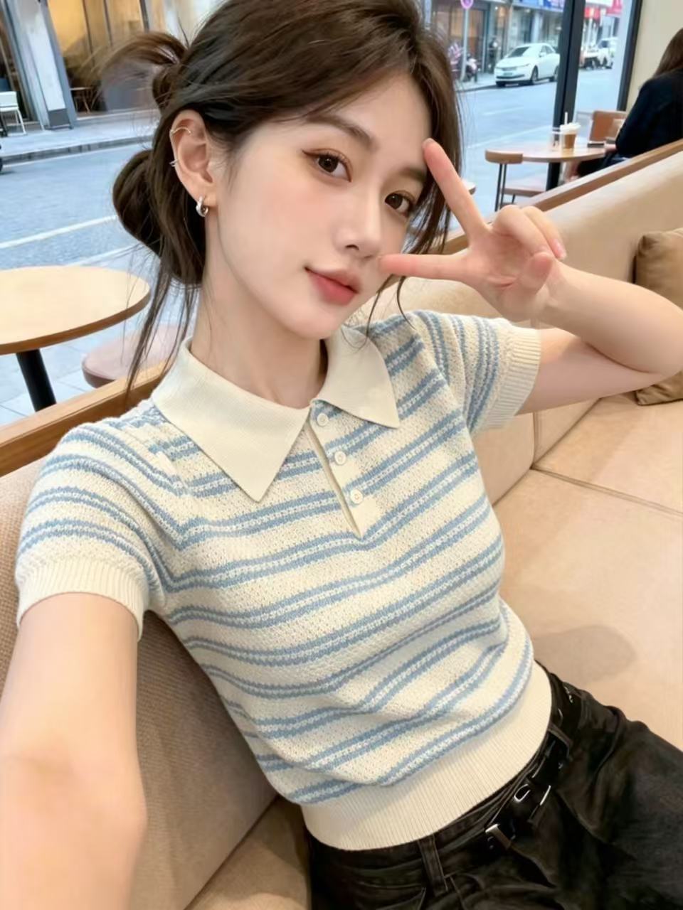 스트라이프 배색 니트 스웨터 반팔 티셔츠 여성 여름 디자인 센스 작은 대중 POLO 칼라 얼음 실크 얇은 스타일 긍정적 인 어깨 의류