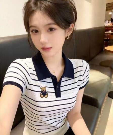 한 부서 자수 작은 곰 POLO 칼라 반팔 티셔츠 여성 여름 연령 감소 외국 가스 배색 스트라이프 몸매 가꾸기 슬림해 보이는 맨위