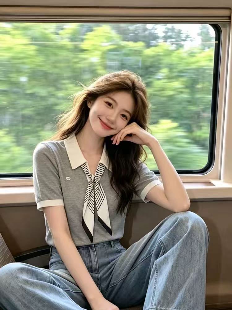 한국 스타일 배색 POLO 칼라 레이스업 반팔 니트 스웨터 여성 여름 새로운 출퇴근 슬림해 보이는 다용도 디자인 센스 맨위