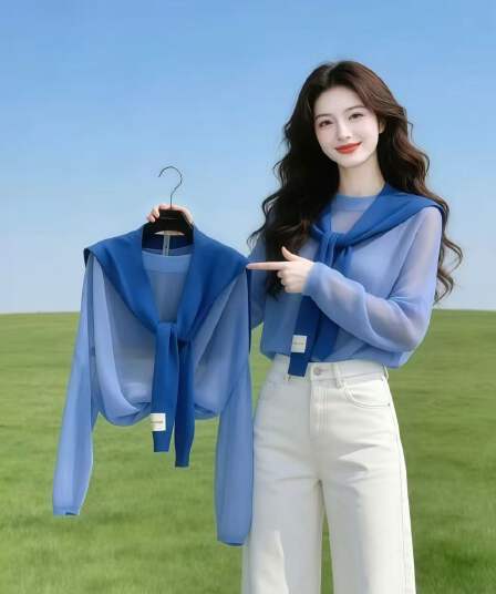 작은 대중 슈퍼 잘 생긴 홀로우 아웃 얇고 가벼운 태양 보호 셔츠 봄 드레스 패션 디스플레이 화이트 긴팔 니트 스웨터 숄 아름다운 작은 셔츠 여성