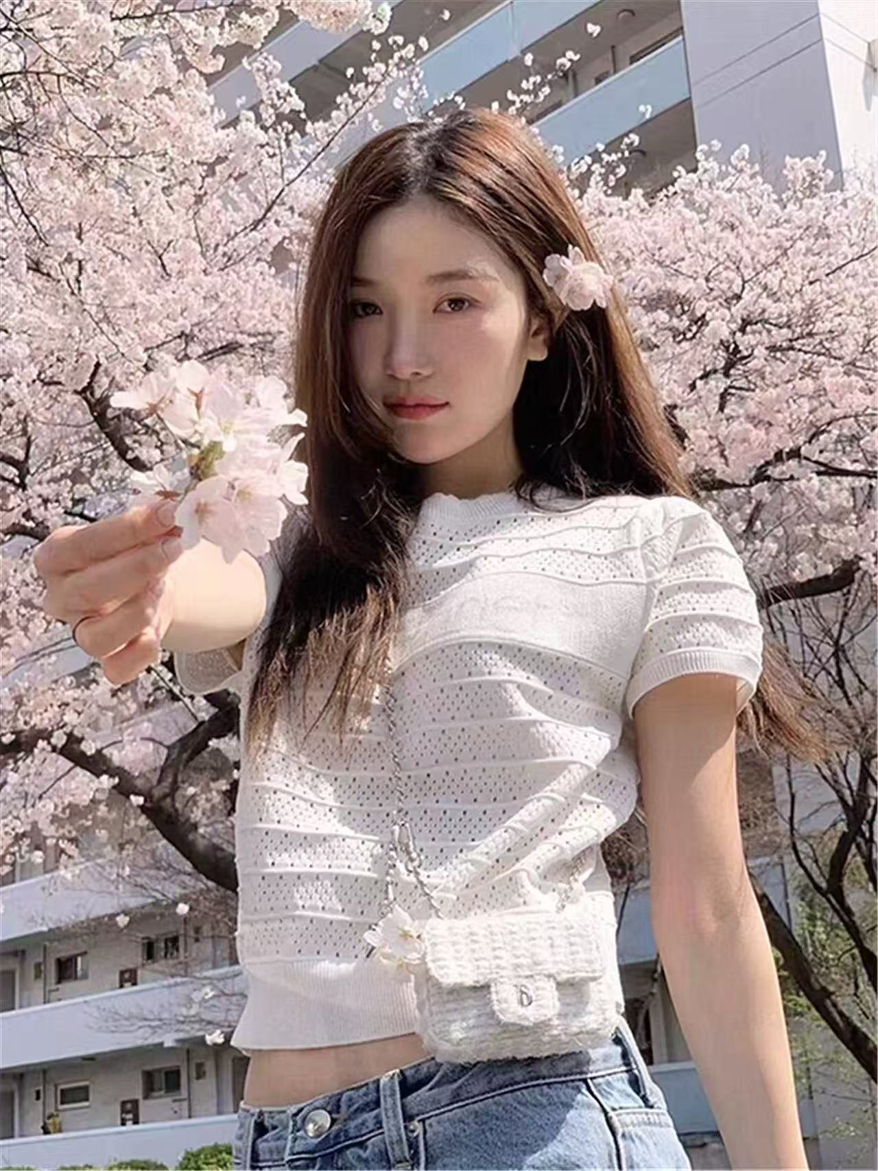 프랑스식 달콤한 스타일 자카드 홀로우 아웃 반팔 니트 스웨터 여성 여름 작은 키 착용 가져 가라. 고유 한 아름다운 쇼트 스타일 맨위