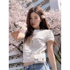 批发法式<b class='q'>甜美</b>风提花镂空短袖针织衫女夏季小个子穿搭独特漂亮短款上衣