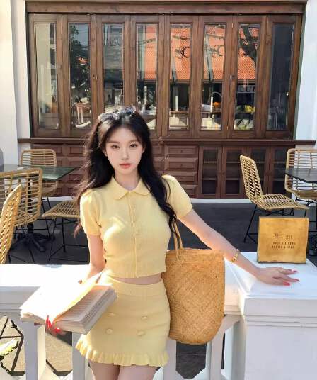 한 부서 부드러운 바람 니트 세트 드레스 여성 여름 반팔 몸매 가꾸기 맨위 타이트 스커트 미니 스커트 투피스 세트