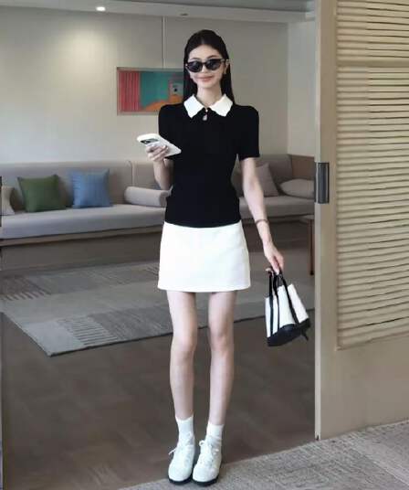 검정색 폴로 칼라 반팔 티셔츠 여성 여름 프랑스식 고급 센스 핫걸 몸매 가꾸기 슬림해 보이는 작은 키 쇼트 스타일 니트 맨위