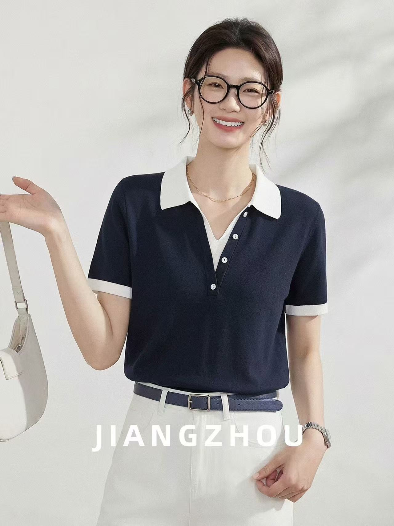 레트로 스타일 배색 POLO 칼라 반팔 티셔츠 여성 여름 새로운 루즈핏 캐주얼 다용도 연령 감소 폴로 칼라 맨위