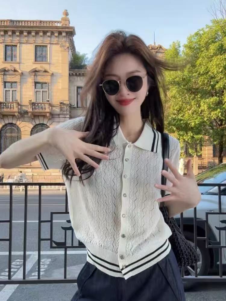 한 부서 스트라이프 홀로우 아웃 POLO 칼라 니트 스웨터 반팔 티셔츠 여성 여름 높은 품질 고유 한 아름다운 긍정적 인 어깨 의류