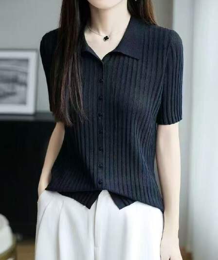 프랑스식 POLO 칼라 반팔 티셔츠 여성 얼음 마 니트 반소매 오픈 가디건 맨위 2026 새로운 얇고 가벼운 폴로 칼라 티셔츠