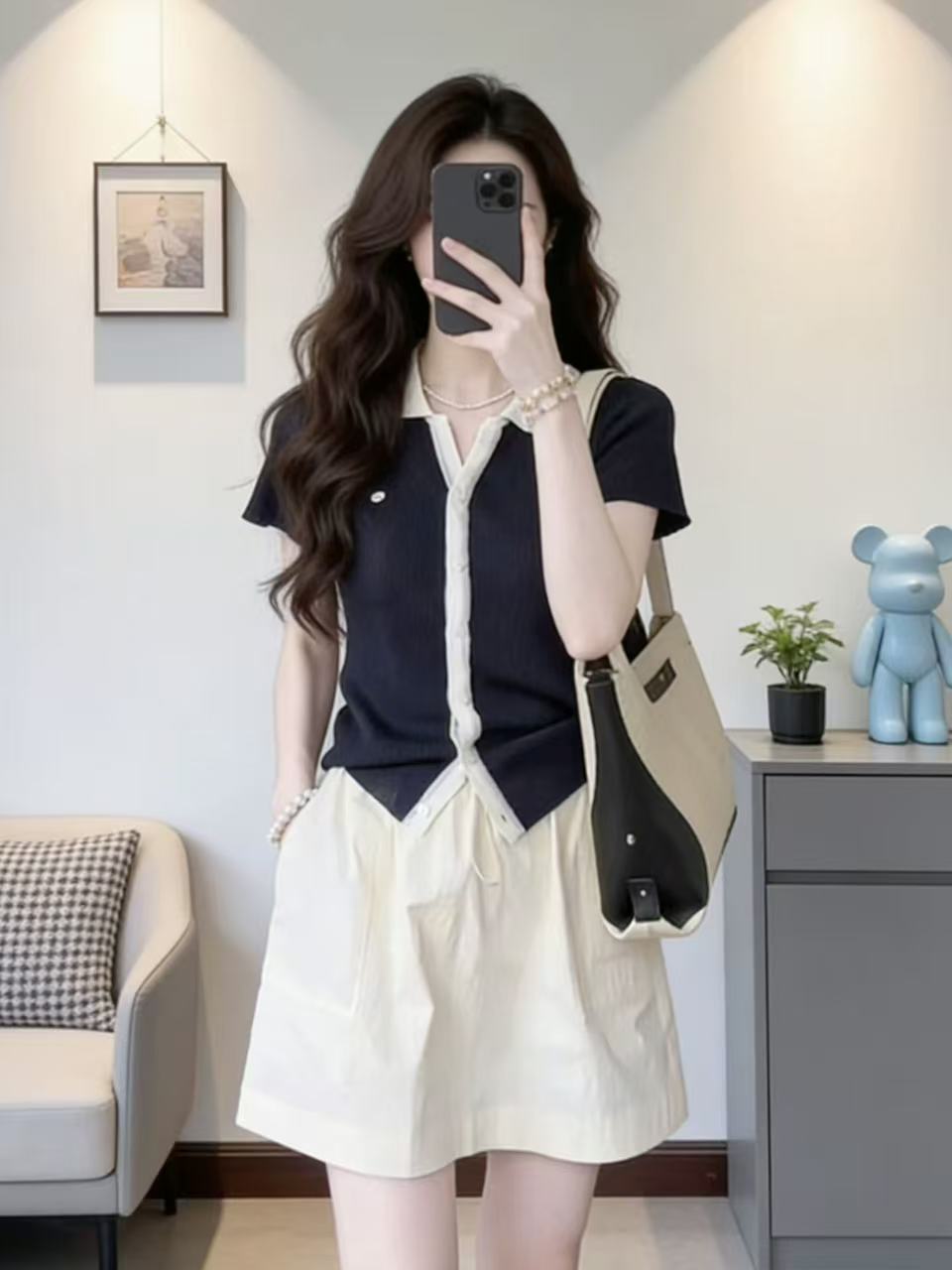POLO 칼라 싱글 줄 버튼 학원 스타일 패션 캐주얼 연령 감소 배색 맨위