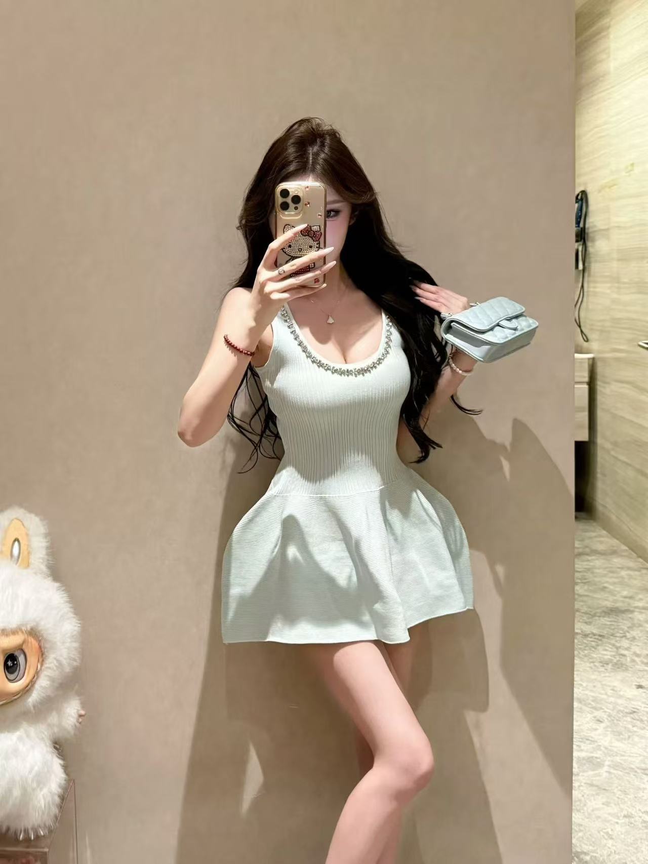 프랑스식 Chic 무거운 작업 다이아몬드 세팅 u 칼라 니트 조끼 스커트 여성 꼬집기 허리 슬림해 보이는 꽃밭 짧은 드레스