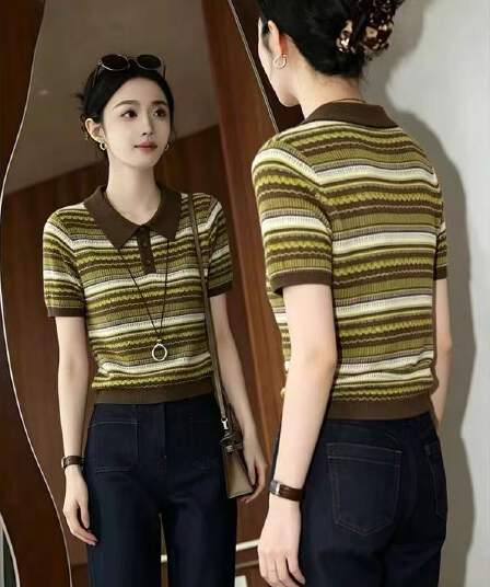디자인 센스 브라운 POLO 칼라 스트라이프 니트 스웨터 여성 2026 여름 새로운 일상 캐주얼 반팔 맨위 서비스