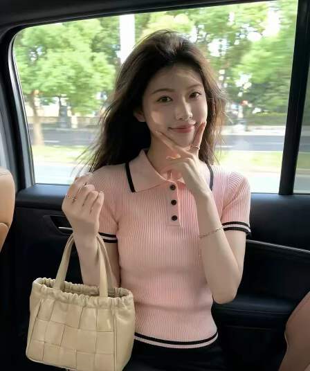 한 부서 부드러운 핑크색 폴로 칼라 반팔 니트 스웨터 여성 여름 고유 한 아름다운 POLO 칼라 다용도 신축성 작은 맨위