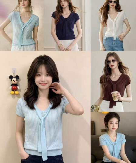 여름 새로운 부드러운 바람 리본 스트랩 단색 반팔 니트 스웨터 여성 편안함 작은 셔츠 맨위 여성