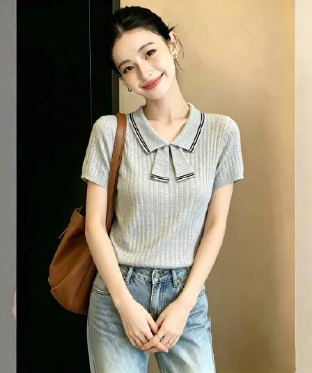 레트로 한 부서 Chic POLO 칼라 반팔 니트 맨위 여성 여름 디자인 센스 몸매 가꾸기 쇼트 스타일 출퇴근 기본 셔츠