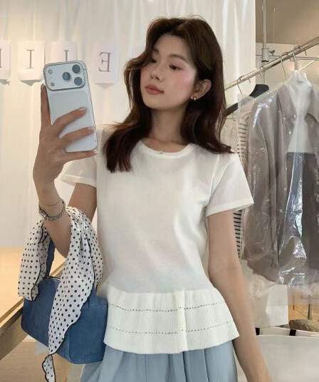 한 부서 화이트 레이스 긍정적 인 어깨 반팔 티셔츠 여성 여름 디자인 센스 허리 수축 쇼트 스타일 니트 동정 아름다운 맨위