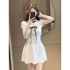 批发绝美韩系白色polo领针织<b class='q'>连衣裙</b>女夏日小个子独特漂亮巨好看短裙子