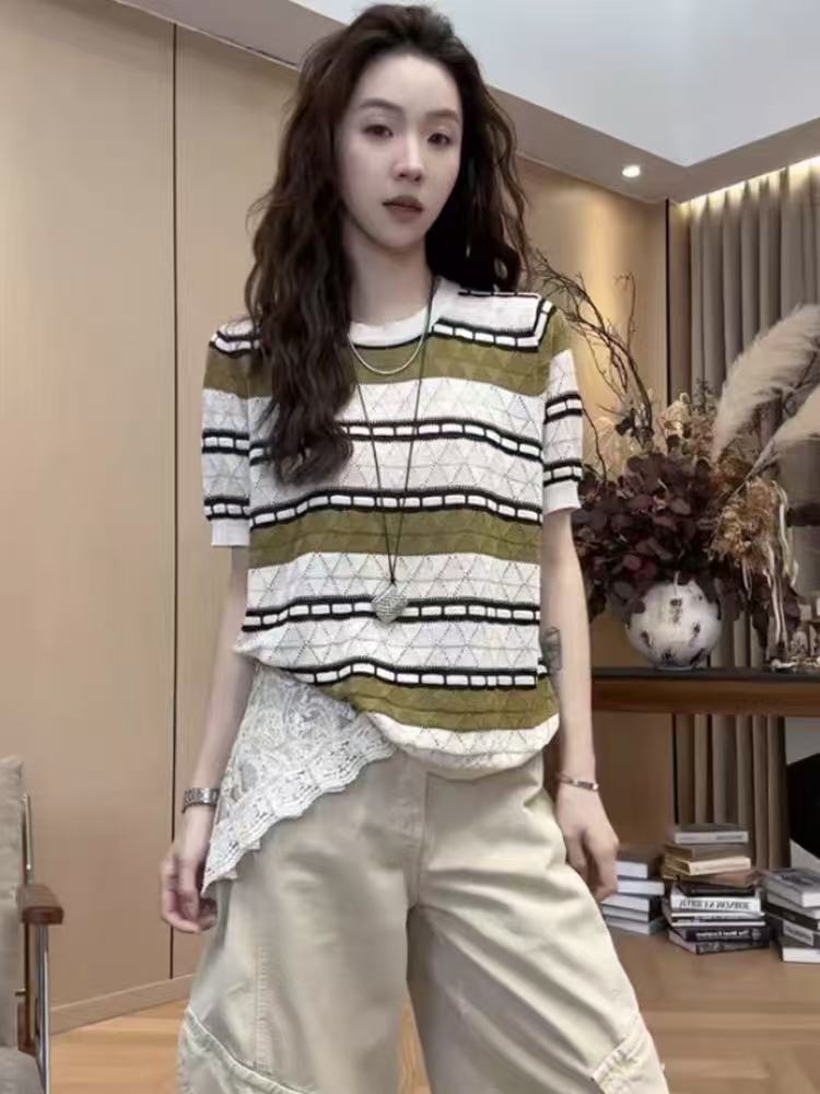 외국 가스 홀로우 아웃 자수 라운드 넥 단추 오픈 가디건 맨위 여름 새로운 한 부서 패치워크 색상 스트라이프 레트로 니트 스웨터 여성