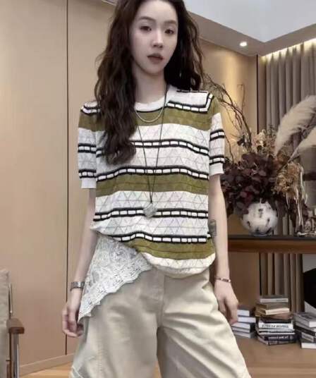 외국 가스 홀로우 아웃 자수 라운드 넥 단추 오픈 가디건 맨위 여름 새로운 한 부서 패치워크 색상 스트라이프 레트로 니트 스웨터 여성