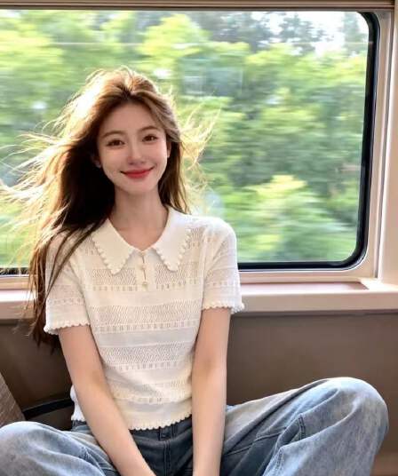 달콤함 소녀 바람 홀로우 아웃 POLO 칼라 반팔 니트 스웨터 티셔츠 여성 여름 한 부서 루즈핏 슬림해 보이는 표지 고기 맨위