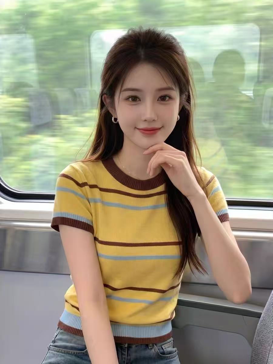 한국 스타일 소녀 스트라이프 배색 반팔 니트 스웨터 여성 여름 새로운 라운드 넥 다용도 패션 Chic 연령 감소 맨위