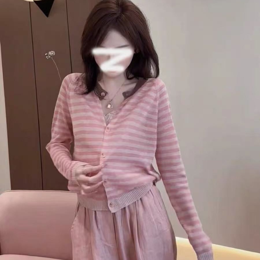 한 부서 스트라이프 배색 얼음 실크 자외선 차단 오픈 가디건 여성 여름 패션 외국 가스 루즈핏 슬림해 보이는 다용도 얇은 니트 맨위