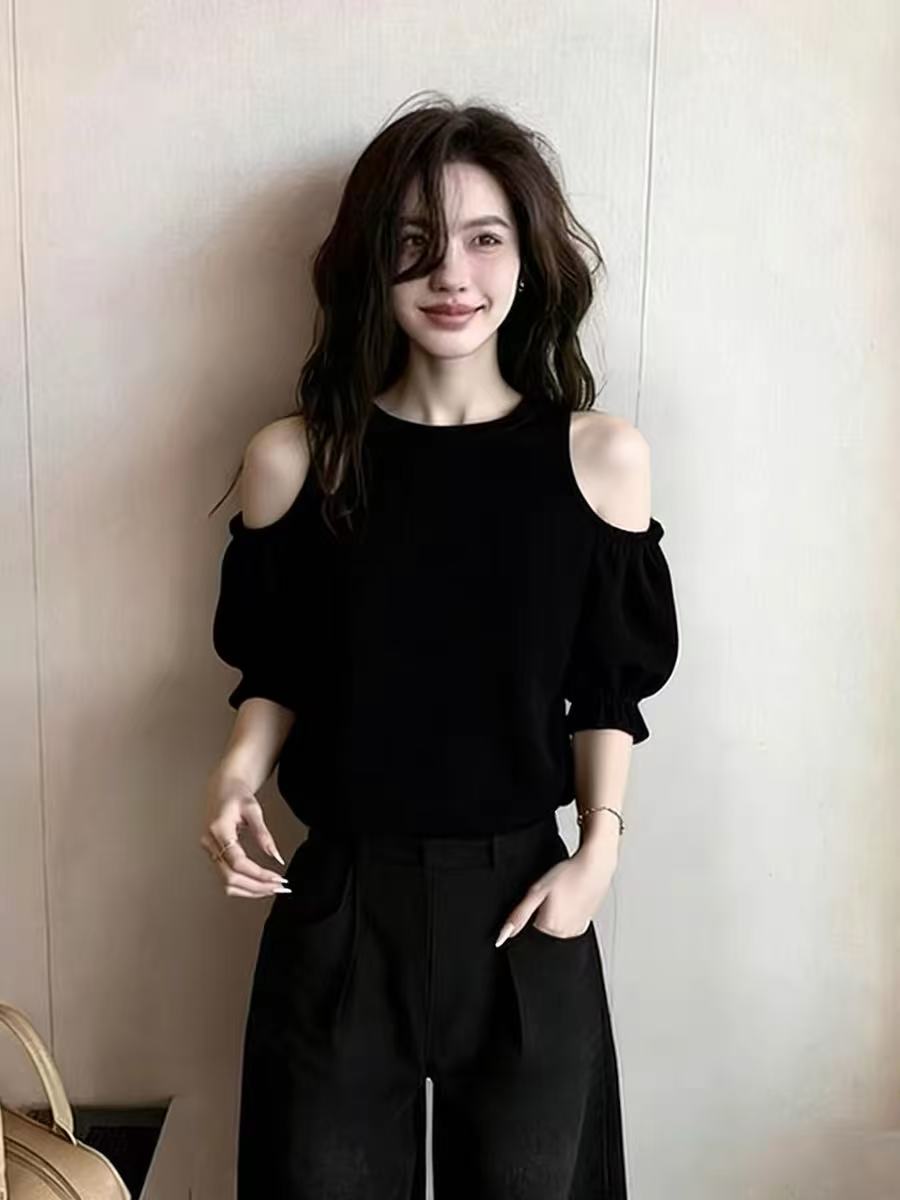 한국 스타일 홀로우 아웃 오프숄더 슬림해 보이는 긴팔 티셔츠 검정색 다용도 부드러운 바람 맨위 봄 드레스 슈퍼 잘 생긴 품격 작은 셔츠